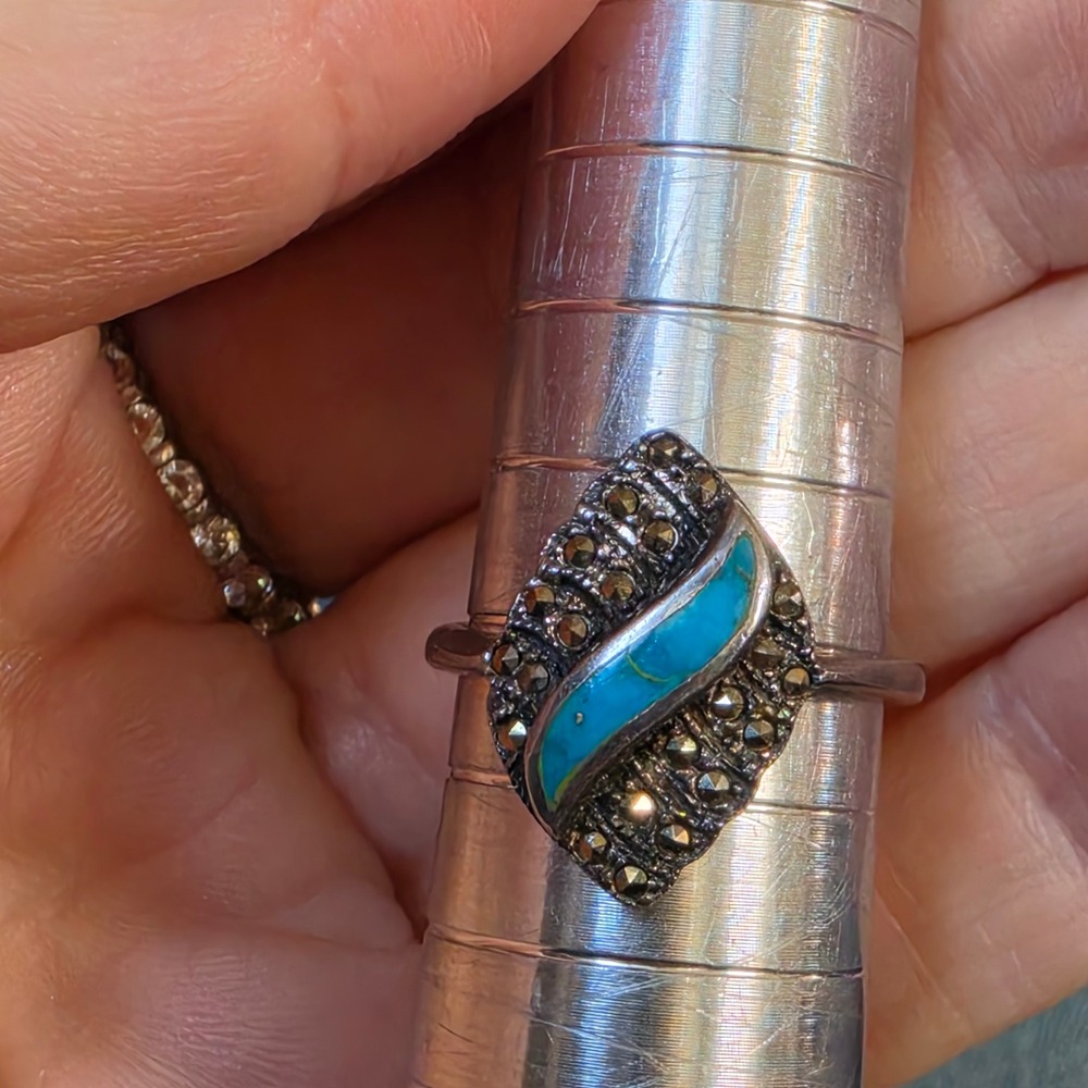 Vintage Sterling Silver 925 Turquoise Marcasite Shield Ring Size 7.75